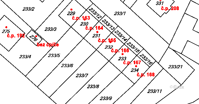 Býchory 166 na parcele st. 232 v KÚ Býchory, Katastrální mapa