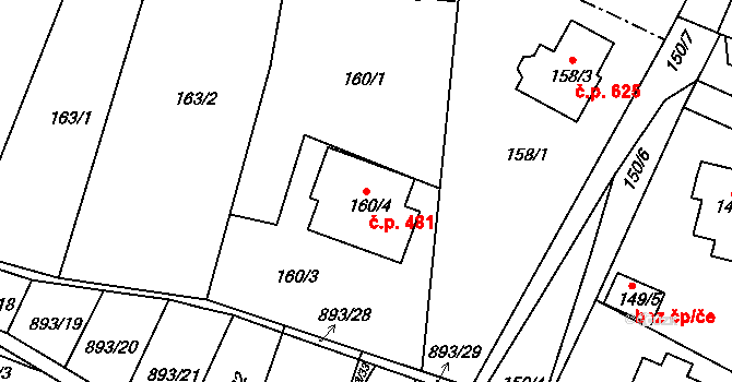 Křimice 481, Plzeň na parcele st. 160/4 v KÚ Křimice, Katastrální mapa