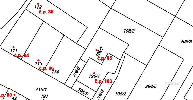 Žešov 65, Prostějov na parcele st. 126/2 v KÚ Žešov, Katastrální mapa