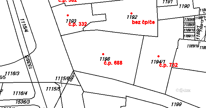 Komárov 688, Brno na parcele st. 1198 v KÚ Komárov, Katastrální mapa