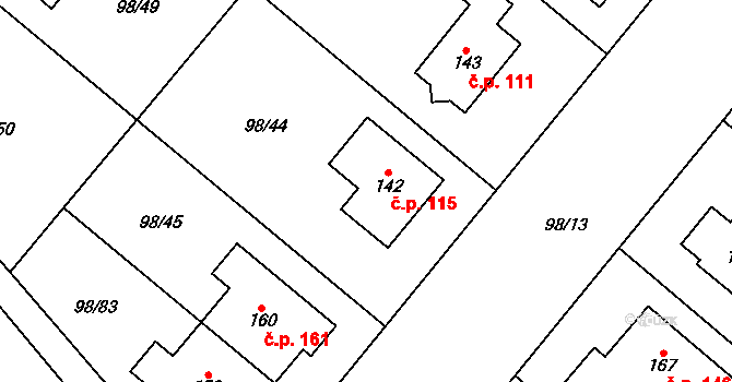 Křenice 115 na parcele st. 142 v KÚ Křenice u Prahy, Katastrální mapa