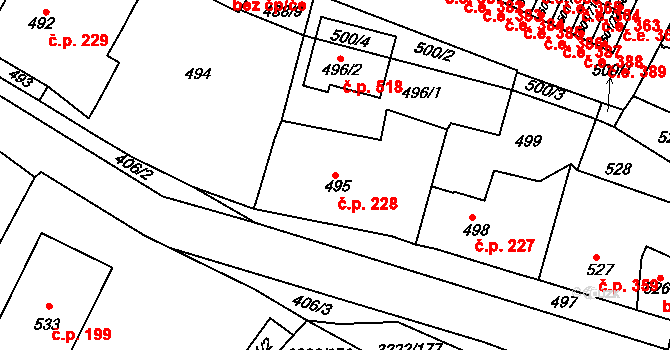 Bystřice nad Pernštejnem 228 na parcele st. 495 v KÚ Bystřice nad Pernštejnem, Katastrální mapa