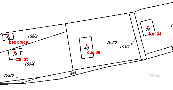 Kovářová 36, Ujčov na parcele st. 40 v KÚ Kovářová, Katastrální mapa