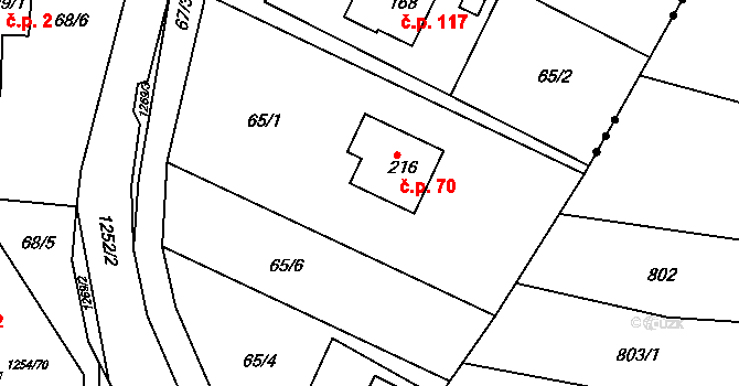 Podkopná Lhota 70 na parcele st. 216 v KÚ Podkopná Lhota, Katastrální mapa