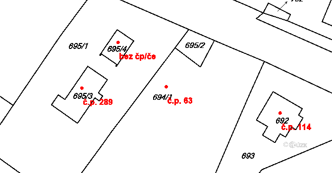 Velké Heraltice 63 na parcele st. 694/1 v KÚ Velké Heraltice, Katastrální mapa