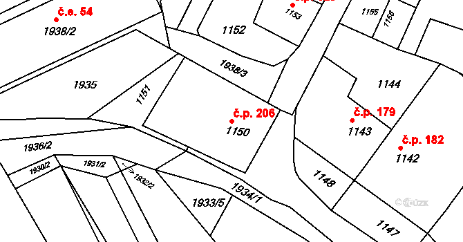 Pustiměř 206 na parcele st. 1150 v KÚ Pustiměř, Katastrální mapa