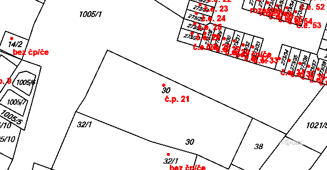 Obrnice 21 na parcele st. 30 v KÚ Obrnice, Katastrální mapa