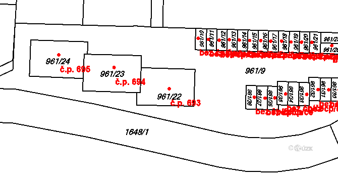 Hronov 693 na parcele st. 961/22 v KÚ Hronov, Katastrální mapa