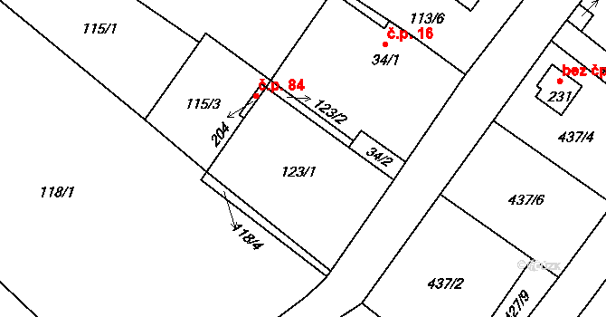 Ráby 84 na parcele st. 123/1 v KÚ Ráby, Katastrální mapa