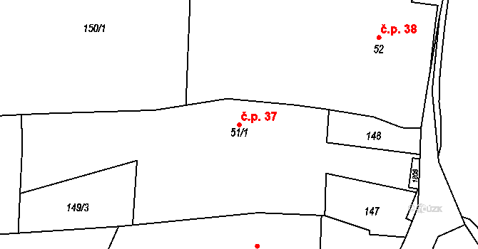 Bolehošť 37 na parcele st. 51/1 v KÚ Bolehošť, Katastrální mapa