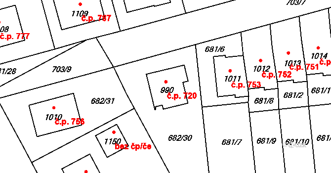 Lišov 720 na parcele st. 990 v KÚ Lišov, Katastrální mapa