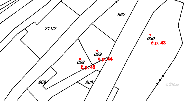 Závist 44, Předklášteří na parcele st. 629 v KÚ Předklášteří, Katastrální mapa