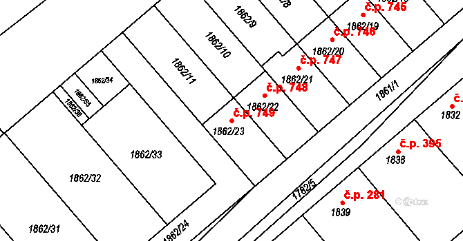 Šardice 749 na parcele st. 1862/23 v KÚ Šardice, Katastrální mapa