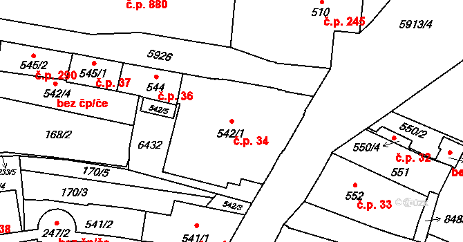 Horní Předměstí 34, Polička na parcele st. 542/1 v KÚ Polička, Katastrální mapa