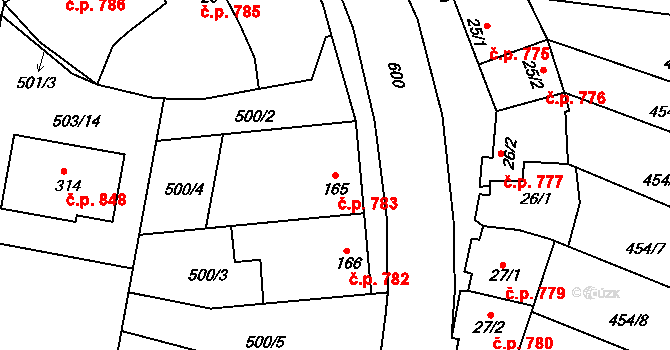 Loučany 783 na parcele st. 165 v KÚ Loučany na Hané, Katastrální mapa