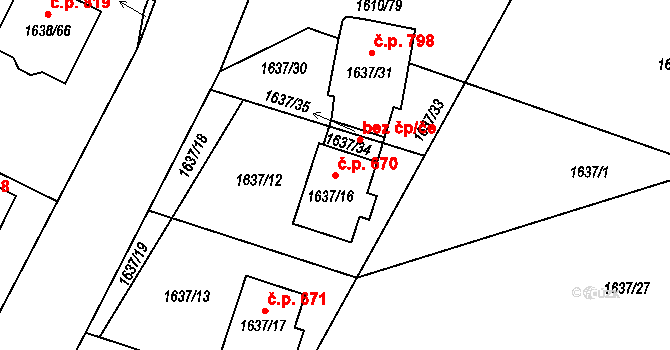 Miřetice u Klášterce nad Ohří 670, Klášterec nad Ohří na parcele st. 1637/16 v KÚ Miřetice u Klášterce nad Ohří, Katastrální mapa