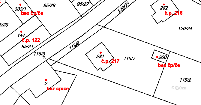 Šošůvka 217 na parcele st. 281 v KÚ Šošůvka, Katastrální mapa