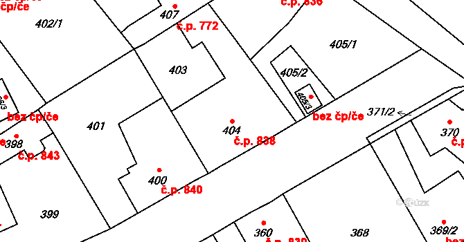 Fryštát 838, Karviná na parcele st. 404 v KÚ Karviná-město, Katastrální mapa