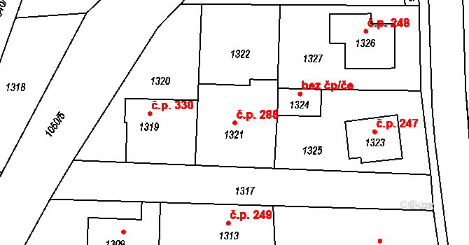 Jablůnka 288 na parcele st. 1321 v KÚ Jablůnka, Katastrální mapa