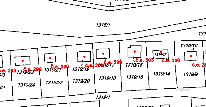 Hloubětín 299, Praha na parcele st. 1319/17 v KÚ Hloubětín, Katastrální mapa