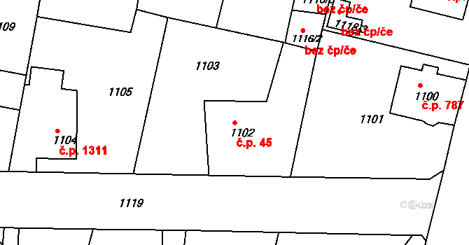 Česká Lípa 45 na parcele st. 1102 v KÚ Česká Lípa, Katastrální mapa