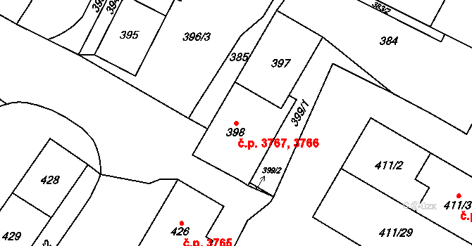 Chomutov 3766,3767 na parcele st. 398 v KÚ Chomutov I, Katastrální mapa