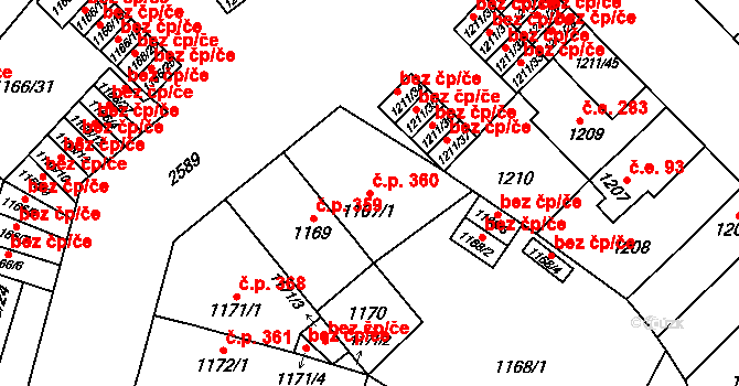 Doubravka 360, Plzeň na parcele st. 1167/1 v KÚ Doubravka, Katastrální mapa