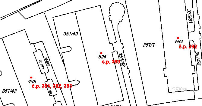 Týn 389, Třebíč na parcele st. 524 v KÚ Týn u Třebíče, Katastrální mapa