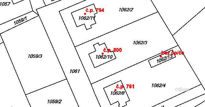 Kluč 800, Habartov na parcele st. 1062/10 v KÚ Habartov, Katastrální mapa