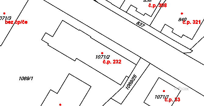 Měřín 232 na parcele st. 1071/2 v KÚ Měřín, Katastrální mapa