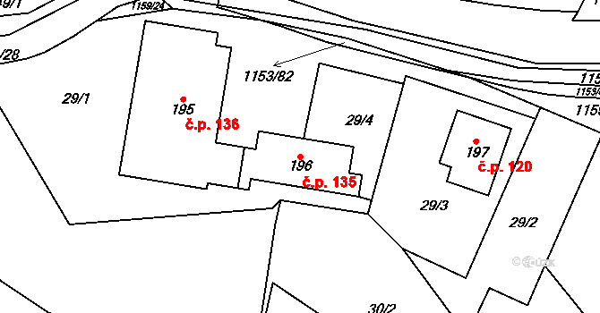 Vlčková 135 na parcele st. 196 v KÚ Vlčková, Katastrální mapa