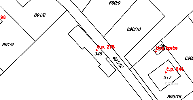 Herálec 278 na parcele st. 345 v KÚ Herálec, Katastrální mapa