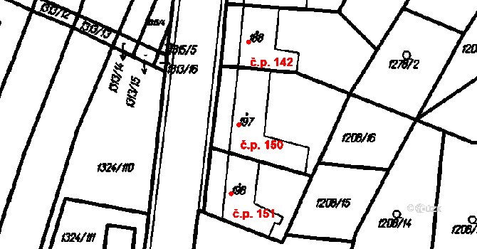 Kloboučky 150, Bučovice na parcele st. 197 v KÚ Kloboučky, Katastrální mapa