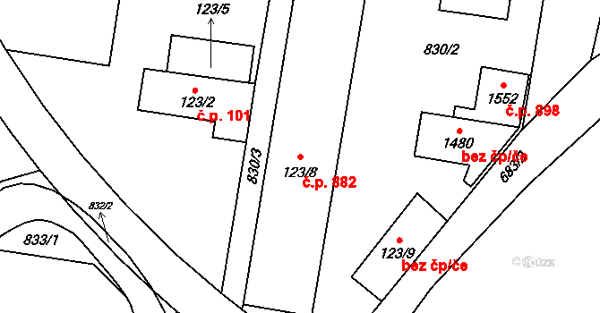 Slatiňany 882 na parcele st. 123/8 v KÚ Slatiňany, Katastrální mapa