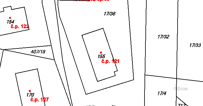 Kovářov 121 na parcele st. 155 v KÚ Kovářov, Katastrální mapa