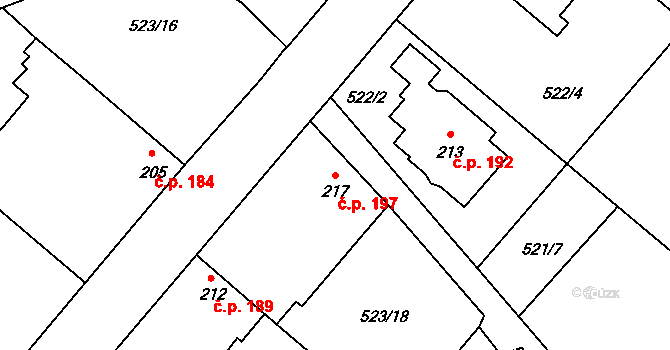 Dřísy 197 na parcele st. 217 v KÚ Dřísy, Katastrální mapa