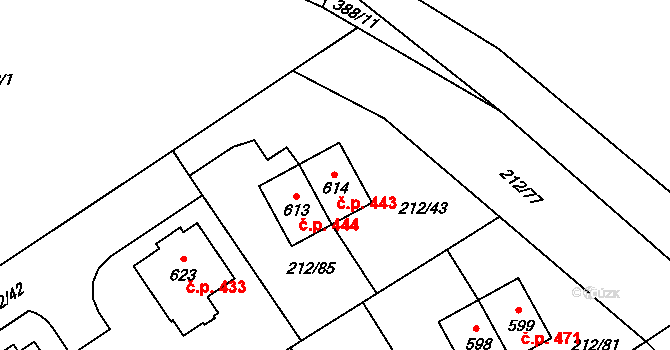 Počaply 443, Králův Dvůr na parcele st. 614 v KÚ Počaply, Katastrální mapa