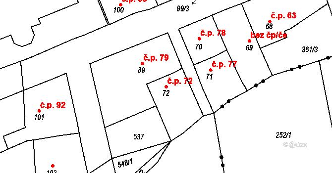 Rudná 72 na parcele st. 72 v KÚ Dušníky u Rudné, Katastrální mapa