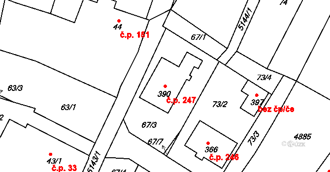 Pocinovice 247 na parcele st. 390 v KÚ Pocinovice, Katastrální mapa