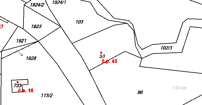 Trhanov 43 na parcele st. 53 v KÚ Trhanov, Katastrální mapa