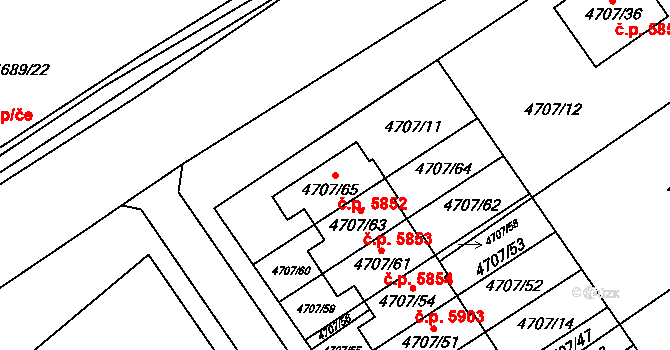 Chomutov 5852 na parcele st. 4707/65 v KÚ Chomutov I, Katastrální mapa