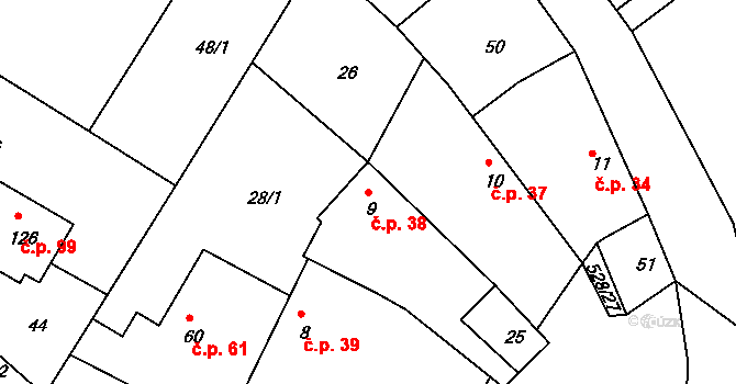 Slepotice 38 na parcele st. 9 v KÚ Slepotice, Katastrální mapa