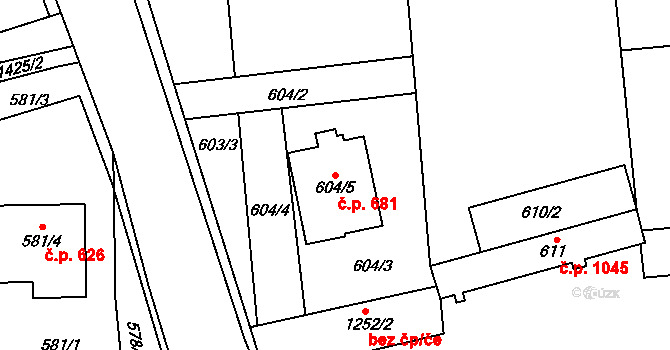 Vejprnice 681 na parcele st. 604/5 v KÚ Vejprnice, Katastrální mapa