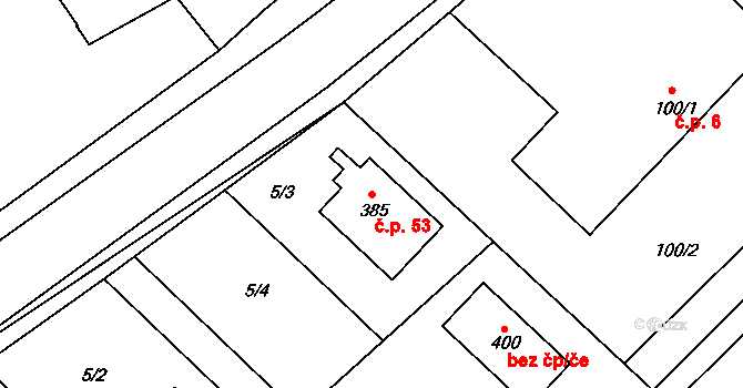 Leskovice 53 na parcele st. 385 v KÚ Leskovice, Katastrální mapa