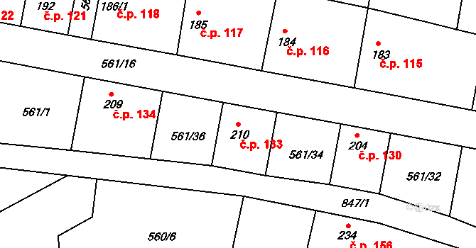 Telce 133, Peruc na parcele st. 210 v KÚ Telce, Katastrální mapa