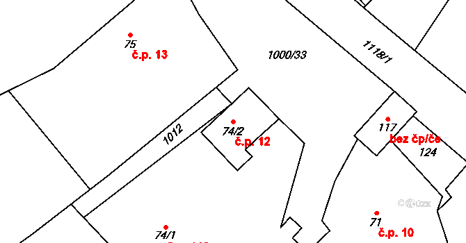 Hroška 12, Bílý Újezd na parcele st. 74/2 v KÚ Hroška, Katastrální mapa