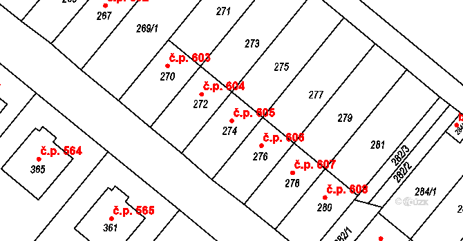 Konice 605 na parcele st. 274 v KÚ Konice, Katastrální mapa