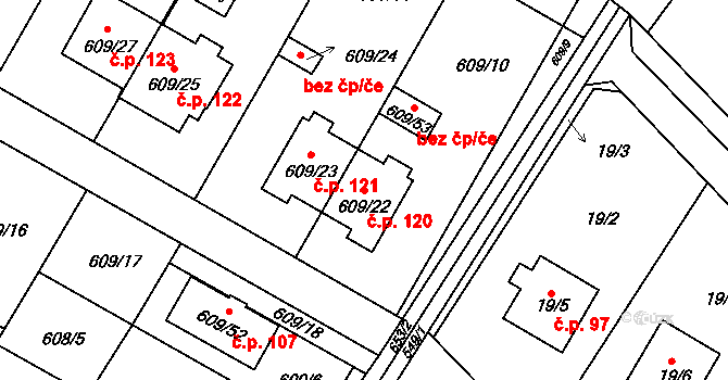 Kelčice 120, Vranovice-Kelčice na parcele st. 609/22 v KÚ Kelčice, Katastrální mapa