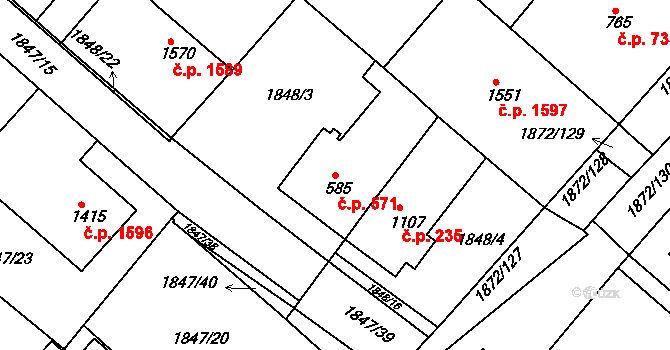 Tišnov 571 na parcele st. 585 v KÚ Tišnov, Katastrální mapa