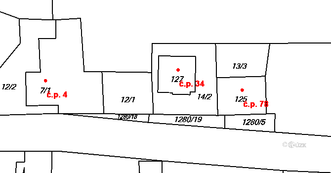 Býkov 34, Býkov-Láryšov na parcele st. 127 v KÚ Býkov, Katastrální mapa